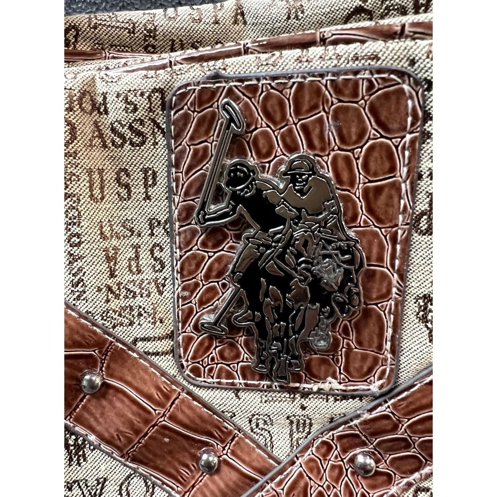 Vintage VINTAGE U.S. Polo Assn Shoulder Bag Purse All Over Logo Print Slouchy Hand Used VTG Women Tan Brown Canvas Bag Size ONE SIZE - 3 Thumbnail