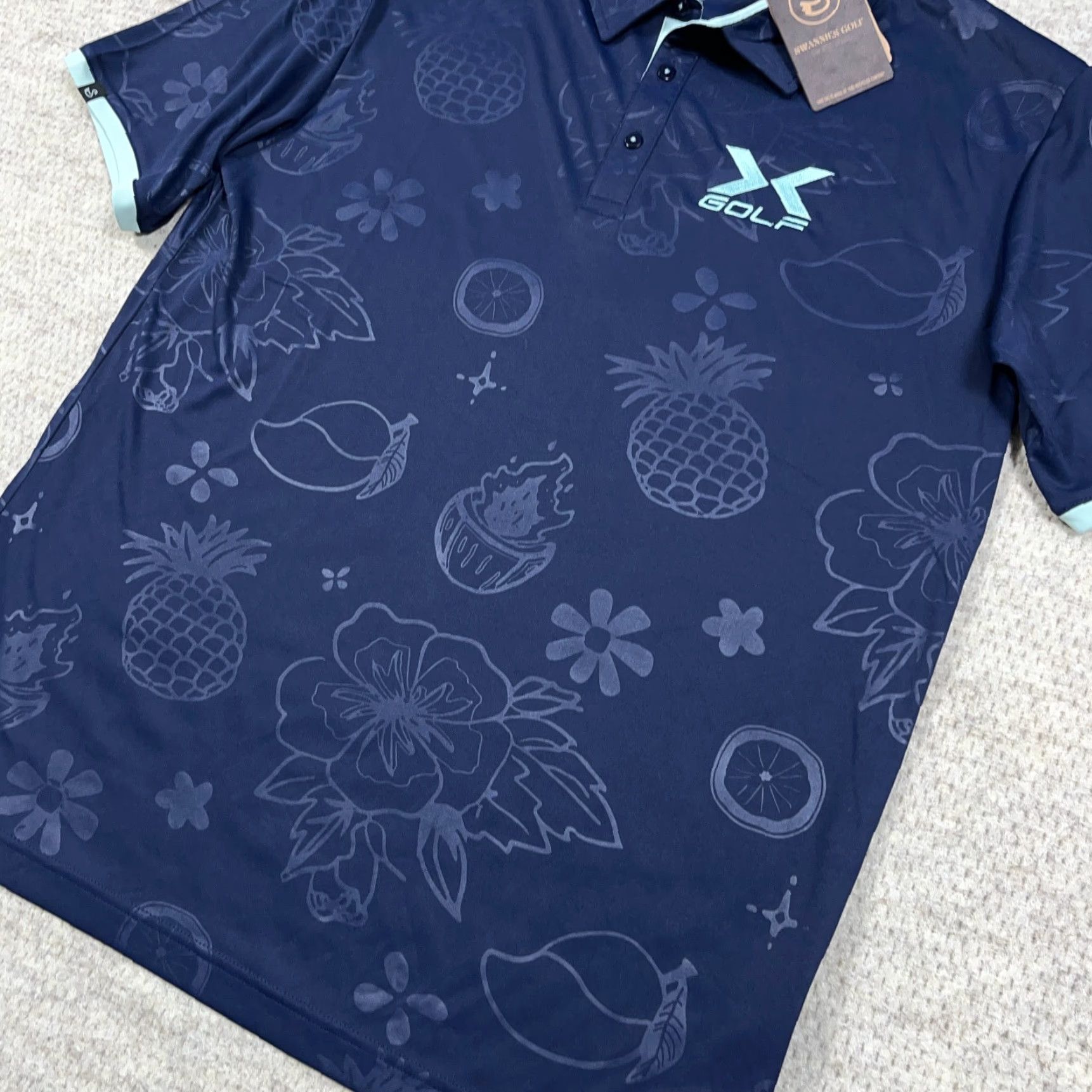 Vintage Swannies Polo Shirt Men L Midnight Blue Performance Golf Beach Hula Short Sleeve Logo Button Collared Size US L / EU 52-54 / 3 - 5 Thumbnail