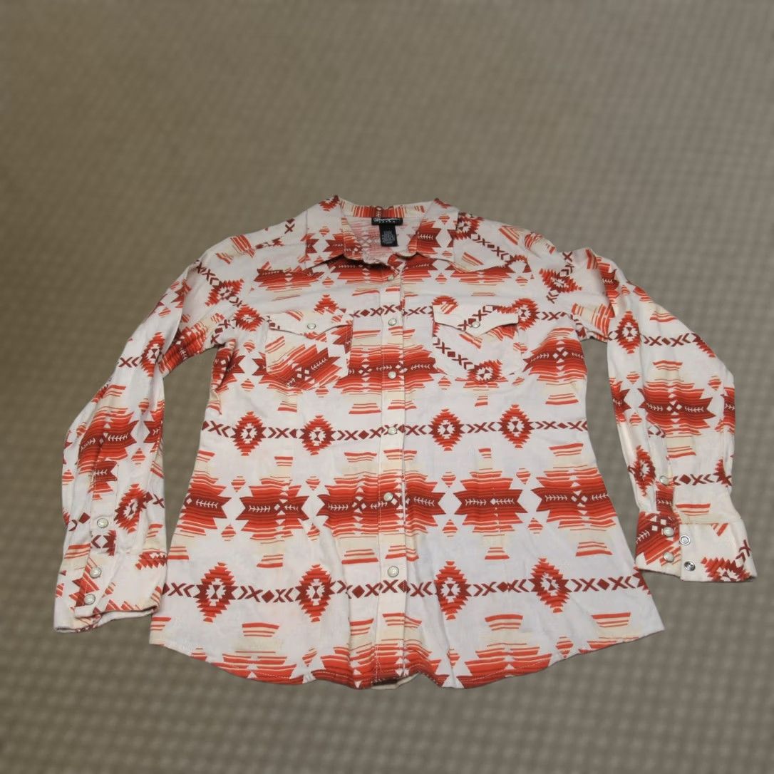 Wrangler Wrangler Retro Shirt Womens Large Orange Southwestern Geometric Pearl Snap Long Sleeve Button-Up Casual Workwear Size L / US 10 / IT 46 - 1 Thumbnail