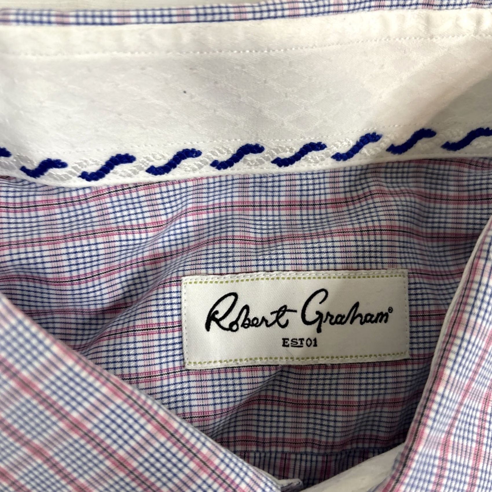 Robert Graham Robert Graham Button-Up Shirt Men 18.5 48 Plaid Pink Blue Long Sleeve Button Front Collared Size 18.5 48 Mens Size US XXL / EU 58 / 5 - 2 Thumbnail