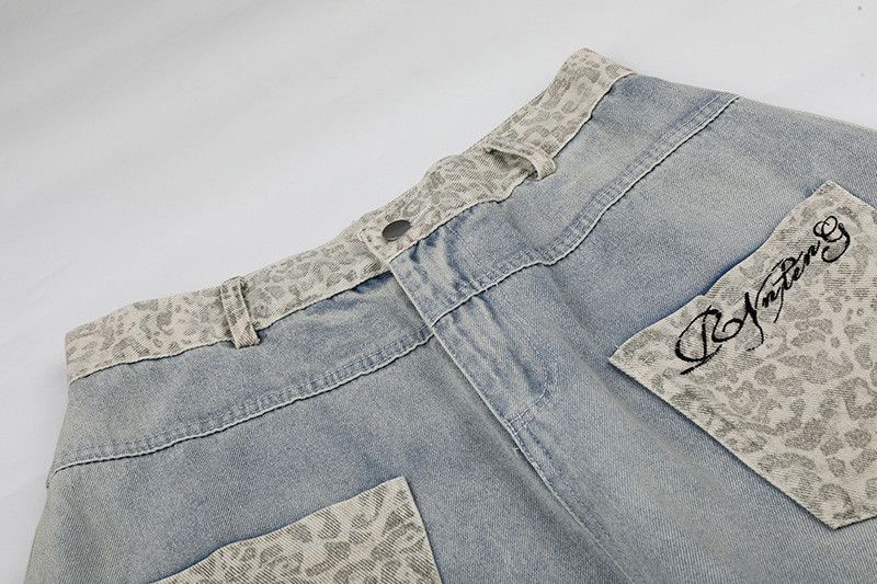 Jean Men's American Retro Leopard-Print Patchwork Jeans Size US 32 / EU 48 - 3 Thumbnail