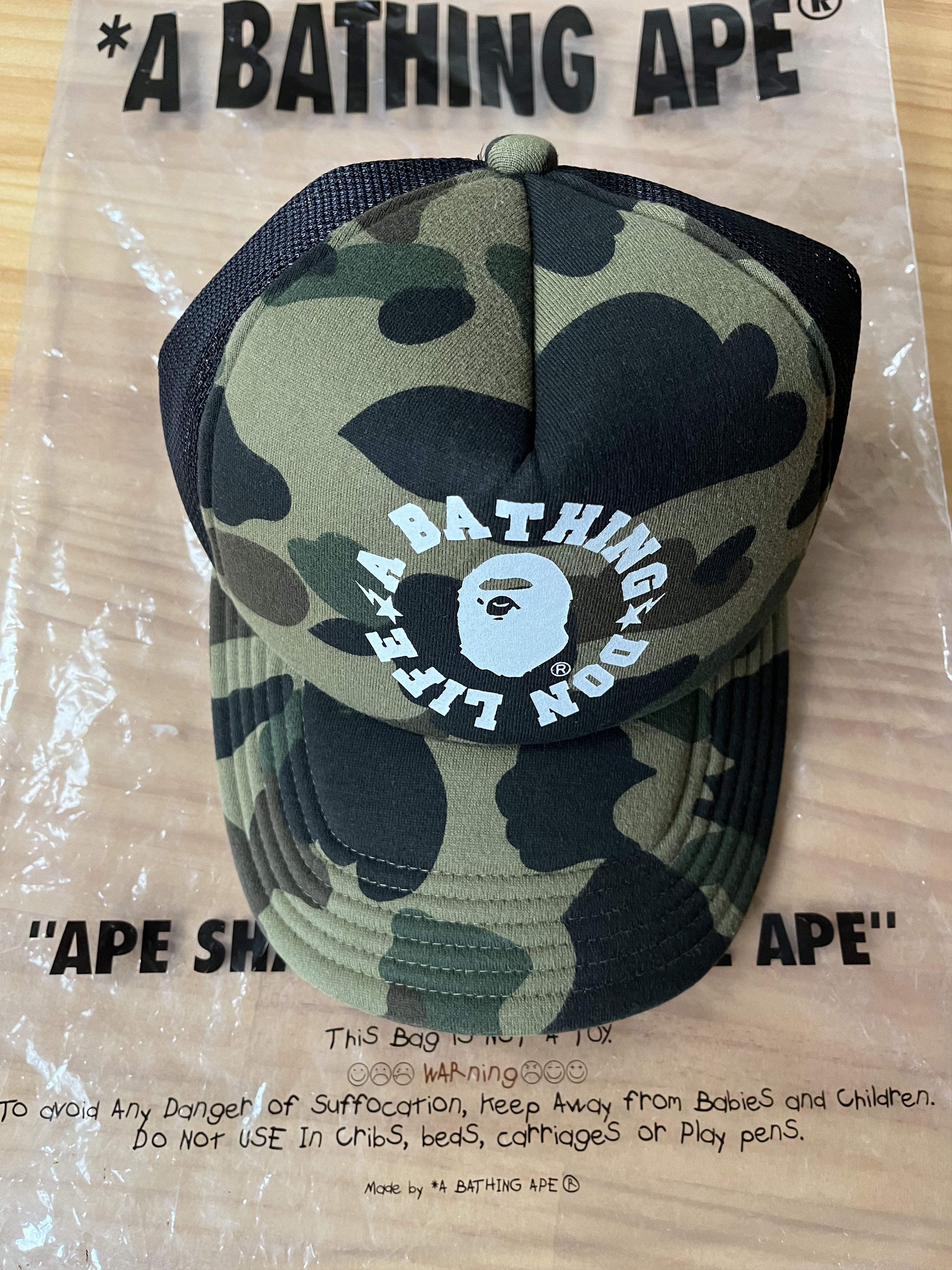 BAPE BIG SEAN DON LIFE LOGO 1ST CAMO TRUCKER MESH HAT CAP