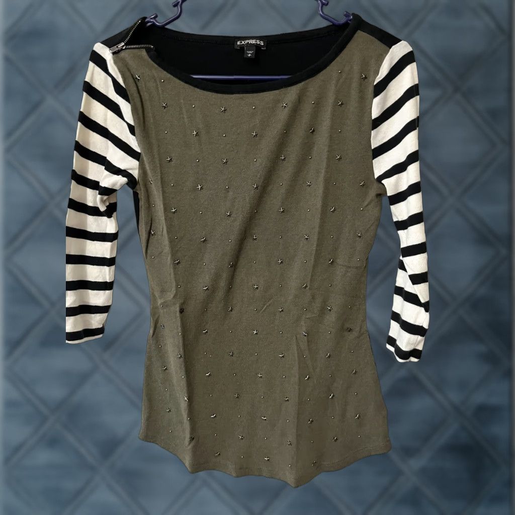 Express Express Shirt Women 3/4 Sleeve Striped Green Multicolor Boat Neck Zip Small Size S Size S / US 4 / IT 40 - 1 Thumbnail