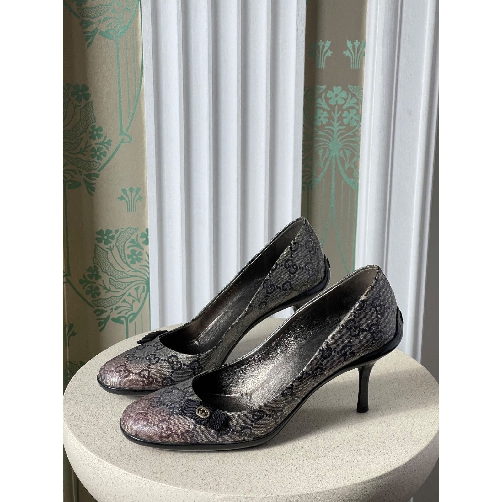 Gucci Gucci Monogram GG Crystal Canvas Metallic Gold/Grey Heels Size US 7 / IT 37 - 1 Thumbnail