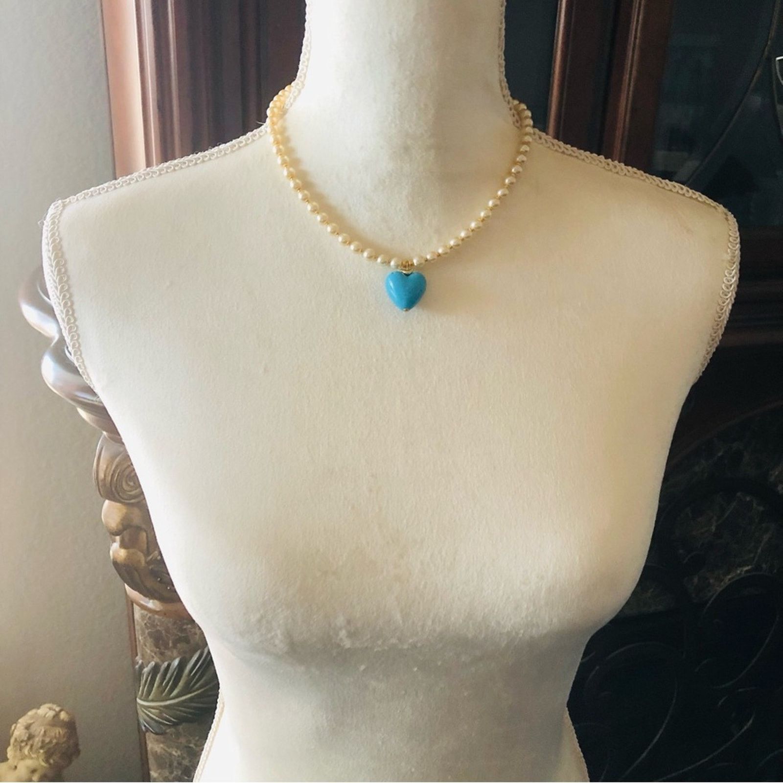 Handmade Handcrafted repurpose faux turquoise heart Pearl necklace Size ONE SIZE - 5 Thumbnail