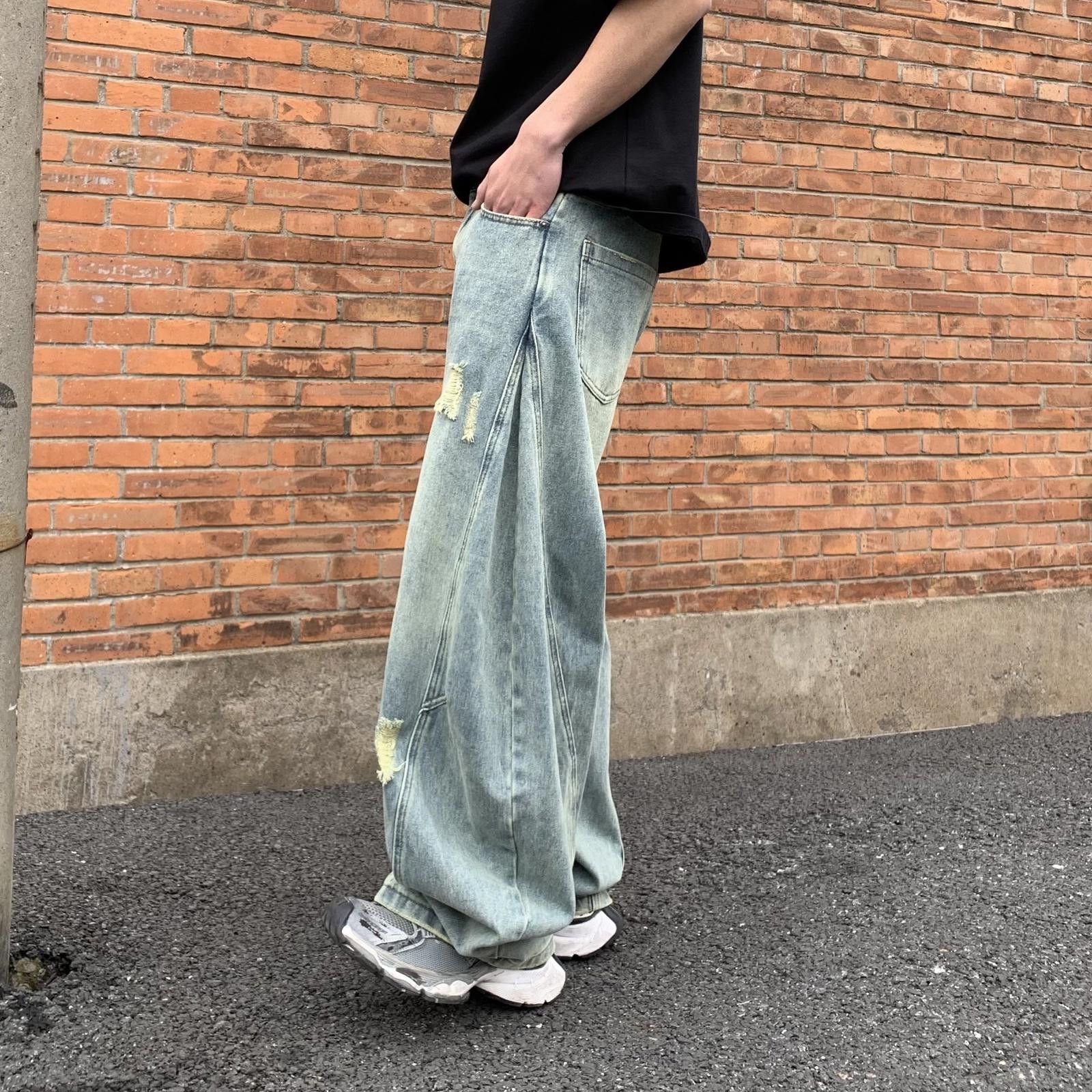 Jean Light Blue Distressed Baggy Wide Leg Jeans, Relaxed Fit Size US 30 / EU 46 - 2 Thumbnail