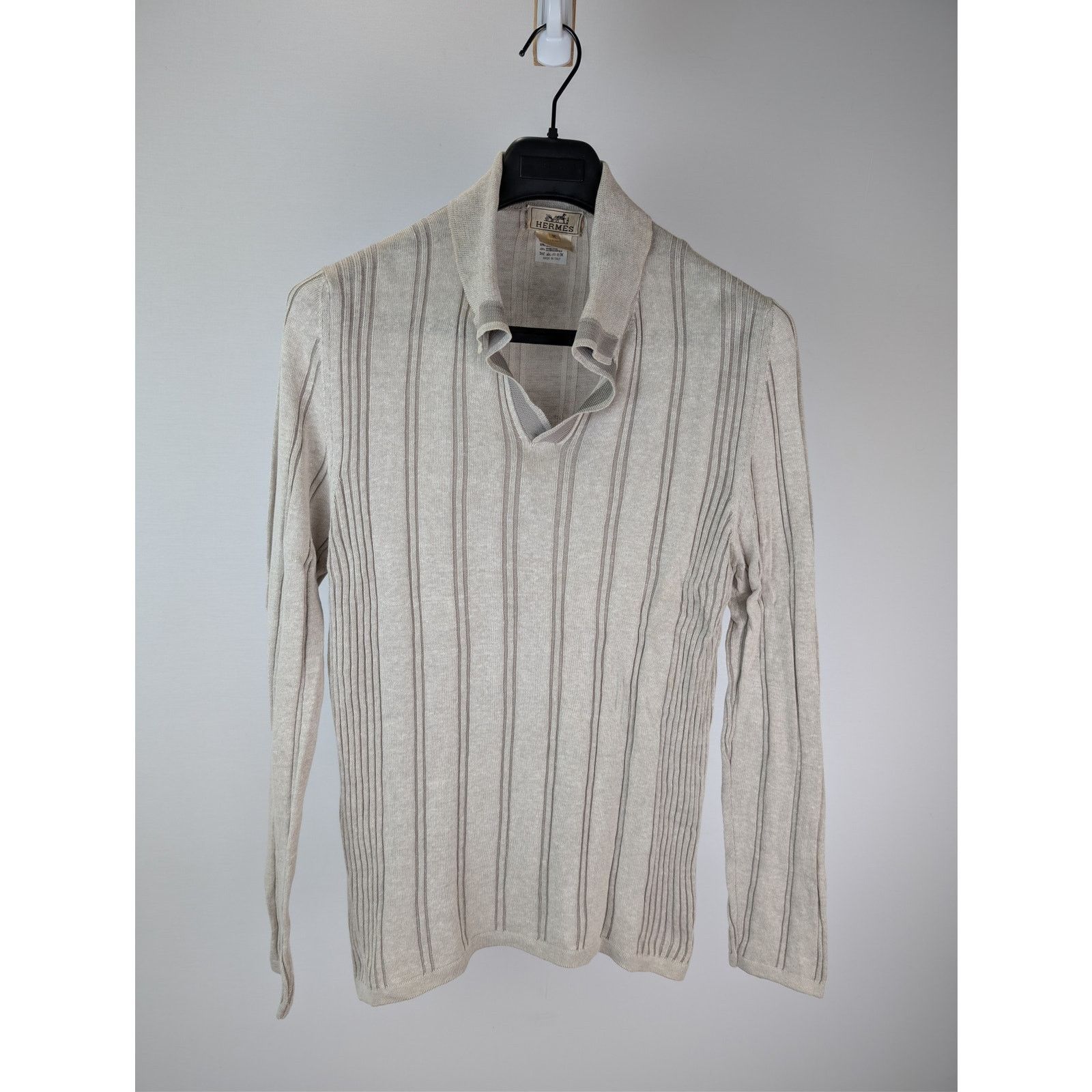 Hermes o1rshd1 CC20 Striped Knit Long-Sleeve Polo Shirt in Beige Size US M / EU 48-50 / 2 - 1 Thumbnail