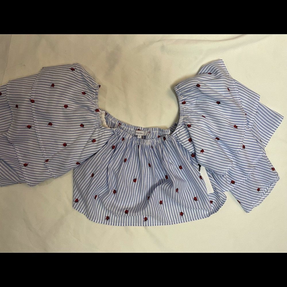 Other NWT New Olivaceous Off Shoulder Crop Top Striped Embroidere Size L / US 10 / IT 46 - 6 Thumbnail