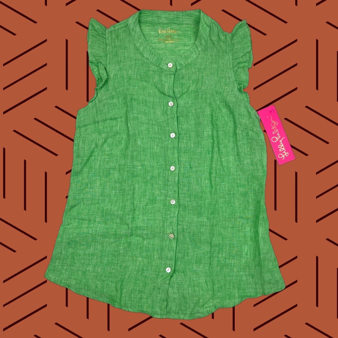 Lilly Pulitzer Lilly Pulitzer Button-Down Shirt Women 2XS XS Gecko Green Linen Coastal Cap Sleeve Regular Size XXS / US 00 / IT 34 - 1 Thumbnail