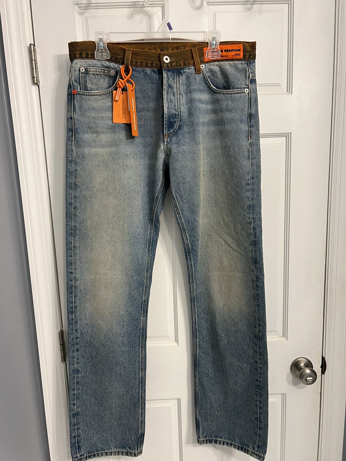 image of Heron Preston Womens Jeans Size 32 Orange Waistband in Blue