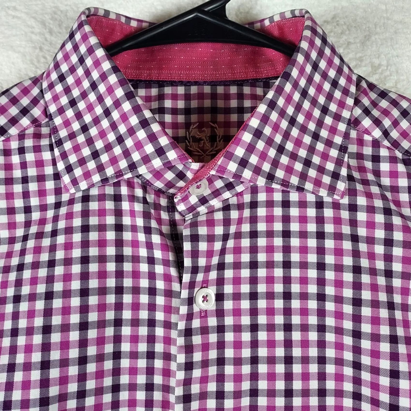 BUGATCHI Bugatchi Uomo Men’s 100% Cotton Pink Purple Check Button-Down Shirt Slim Fit Shirt L Pink Purple Check Men’s Shirt 15.5 Neck Mens Regular Fit Bant Size US L / EU 52-54 / 3 - 2 Thumbnail