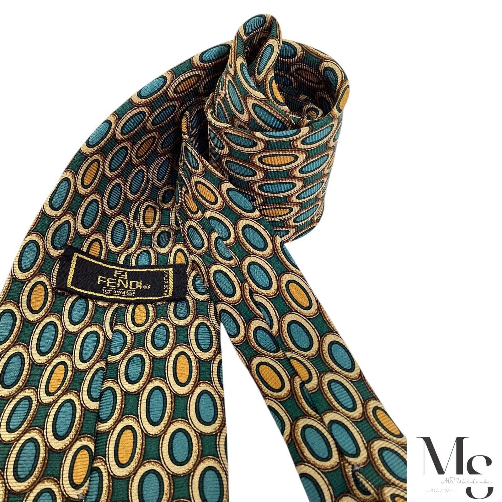 Fendi FENDI FF Green Geometric Silk Tie Made In Italy W:4" EX COND Size ONE SIZE - 4 Thumbnail