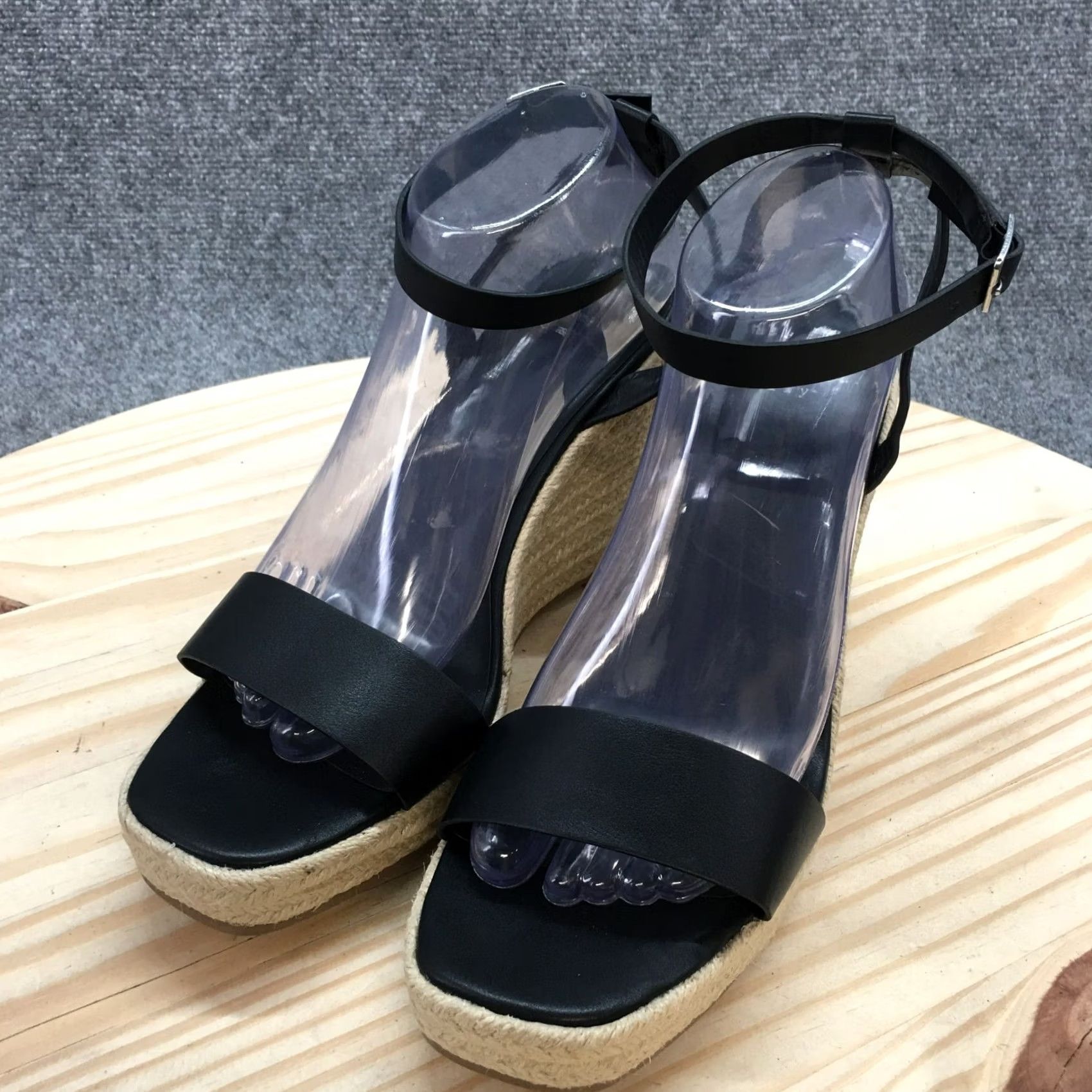 Vintage A New Day Sandals Womens 10 Ankle Straps Espadrilles Black Faux Leather Wedge Size US 10 / IT 40 - 3 Thumbnail