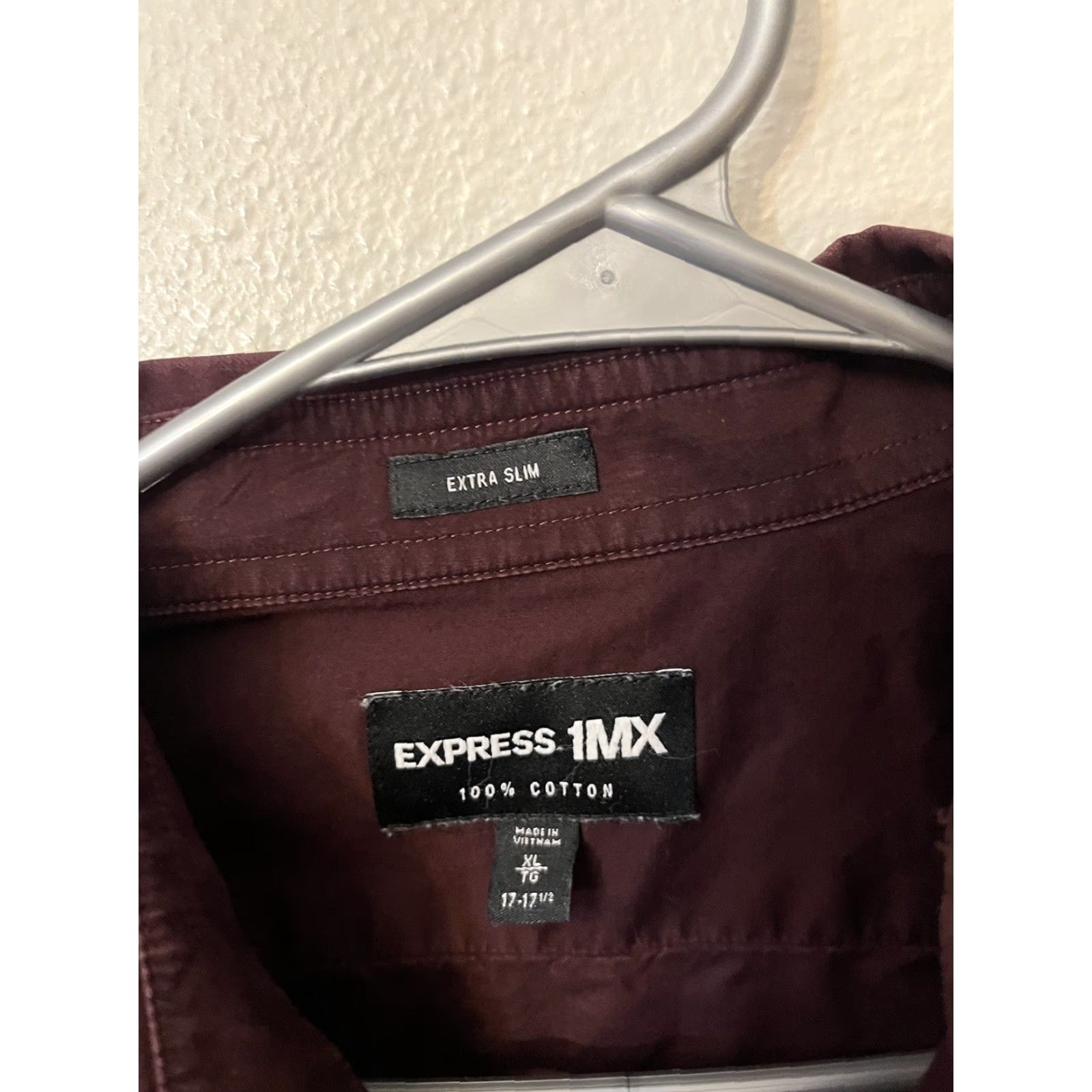 Express Express Dress Shirt Mens XL Burgundy Solid 100% Cotton Slim Button Collar Long Sleeve} Size 46R - 2 Thumbnail