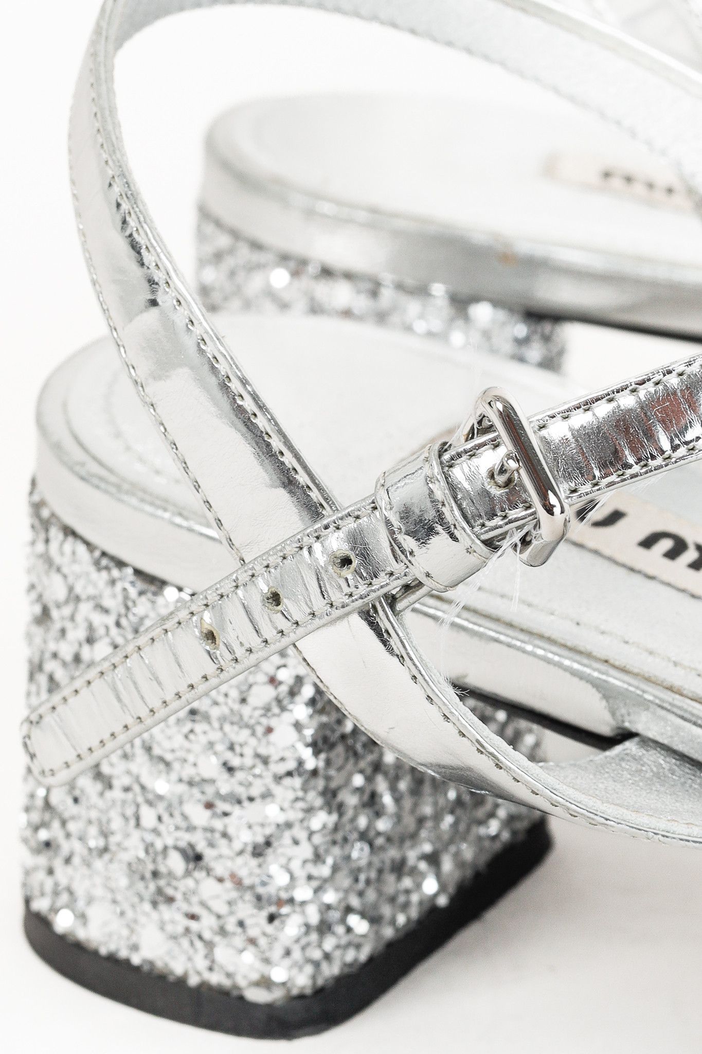 Miu Miu Miu Miu Silver Glitter & Leather Low-Heel Sandals Size US 7.5 / IT 37.5 - 8 Thumbnail