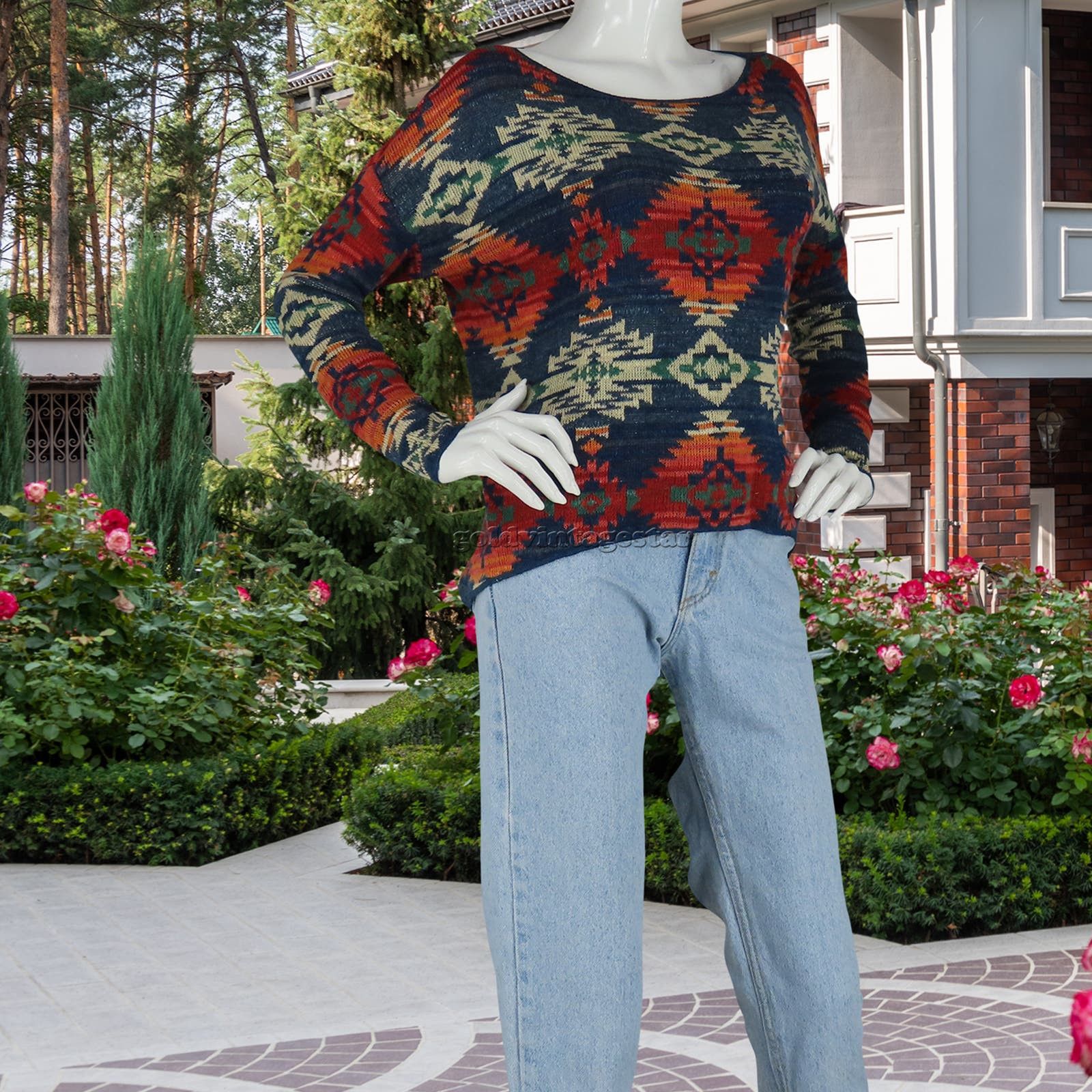 image of Ralph Laurent Southwestern Print Ikat Aztec Tribal Knit Top S in Blue, Women's (Size Small)
