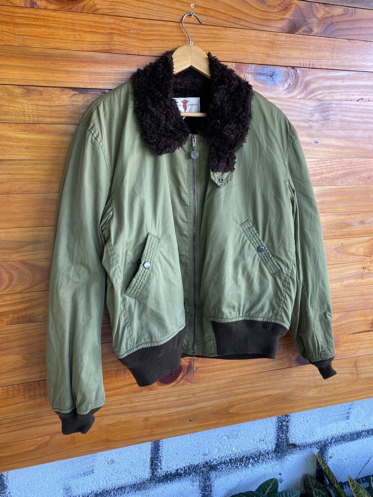 Vintage Colin Harvey Olive Green Bomber Jacket Faux Fur Collar Size US L / EU 52-54 / 3 - 5 Thumbnail