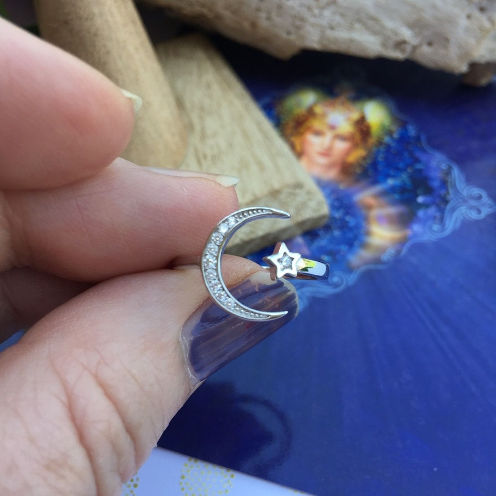 The Unbranded Brand Crescent Moon & Star Sterling Silver CZ Ring Size ONE SIZE - 2 Thumbnail