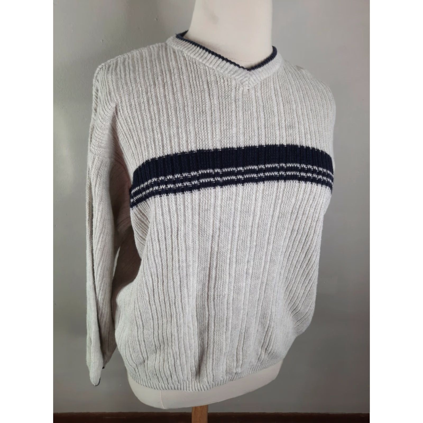 Vintage VINTAGE 90s Y2K Sonoma Womens XL V neck Striped Sweater Beige Blue Oversized Pullover Knit Shirt Women Size XL / US 12-14 / IT 48-50 - 7 Thumbnail