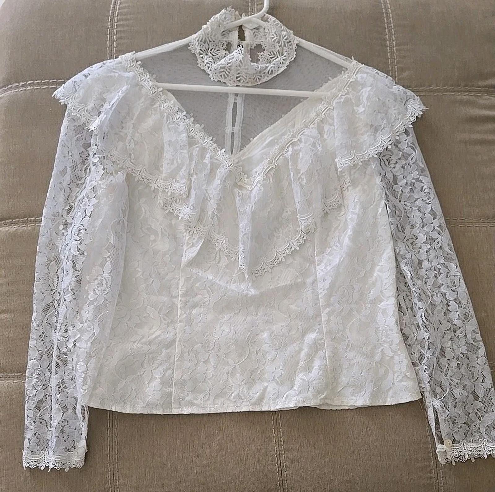 Jessica McClintock Vtg 70s White Lace LS Blouse Ruffle Shirt Jessica Mclintock Size M / US 6-8 / IT 42-44 - 1 Thumbnail