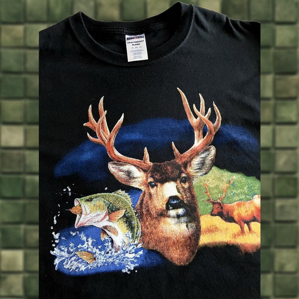 Jerzees VINTAGE JERZEES Heavyweight T-Shirt Adult XL Black Short Sleeve Fish Deer Graphic 90s Mens Size US 36 / EU 52 - 1 Thumbnail