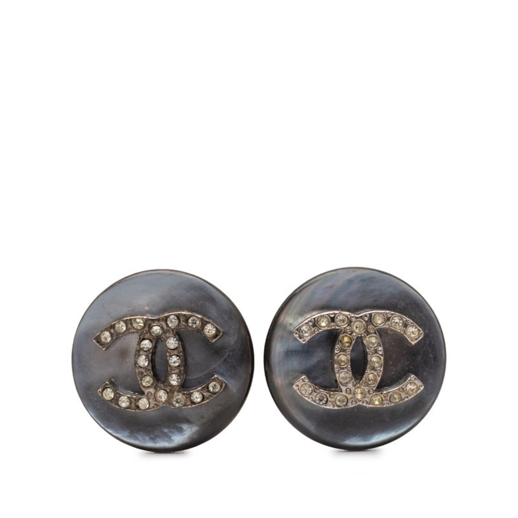 Chanel Chanel Coco Mark Vintage Round Earrings, Black Metal Rhinestone Shell, Women's CHANEL Size ONE SIZE - 1 Thumbnail
