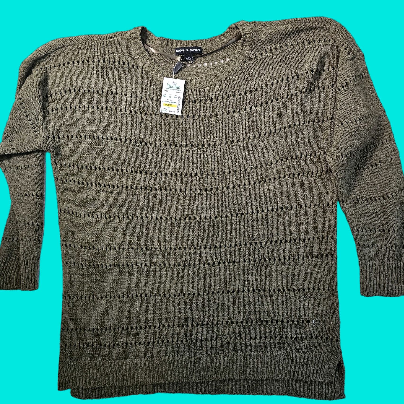 Vintage Cable & Gauge Sweater Women L Green Open-Knit Crew Neck Pullover, Acrylic Nylon, Crochet Accents, Boho Beach Style - Womens Size L / US 10 / IT 46 - 1 Thumbnail