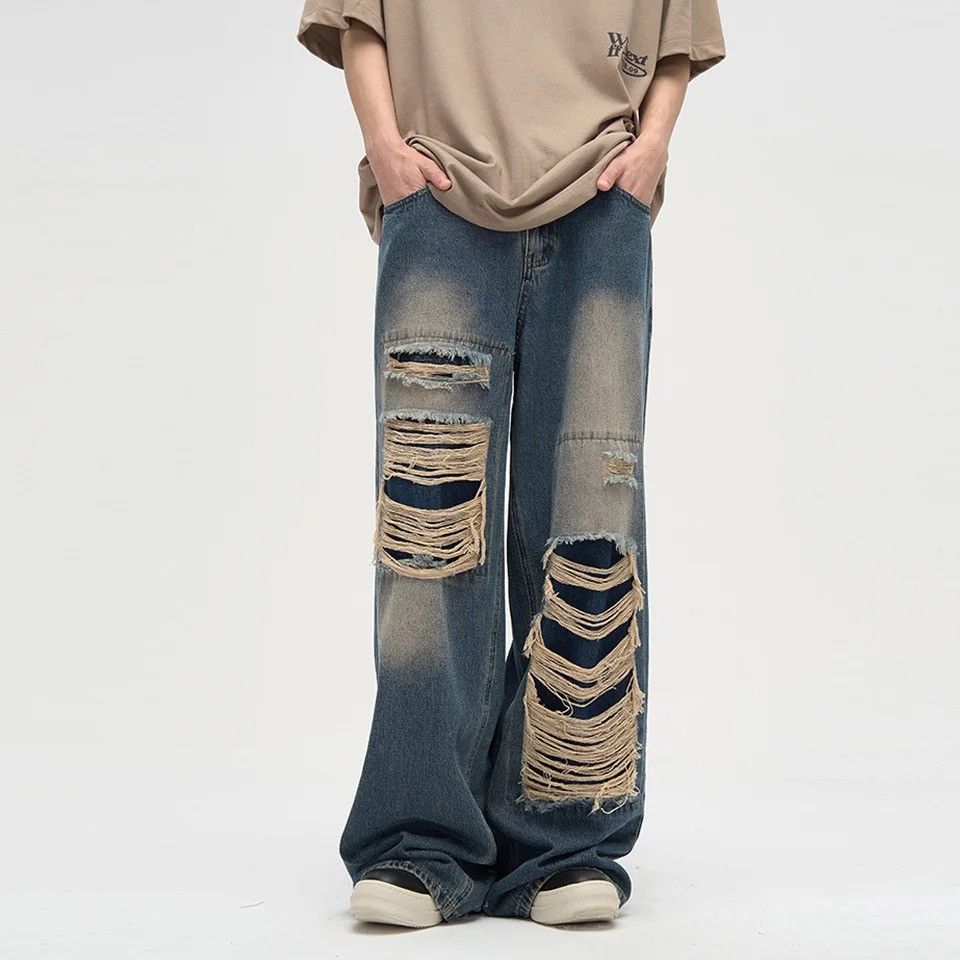 Ripped Blue Jeans Harajuku Wide Leg Pants