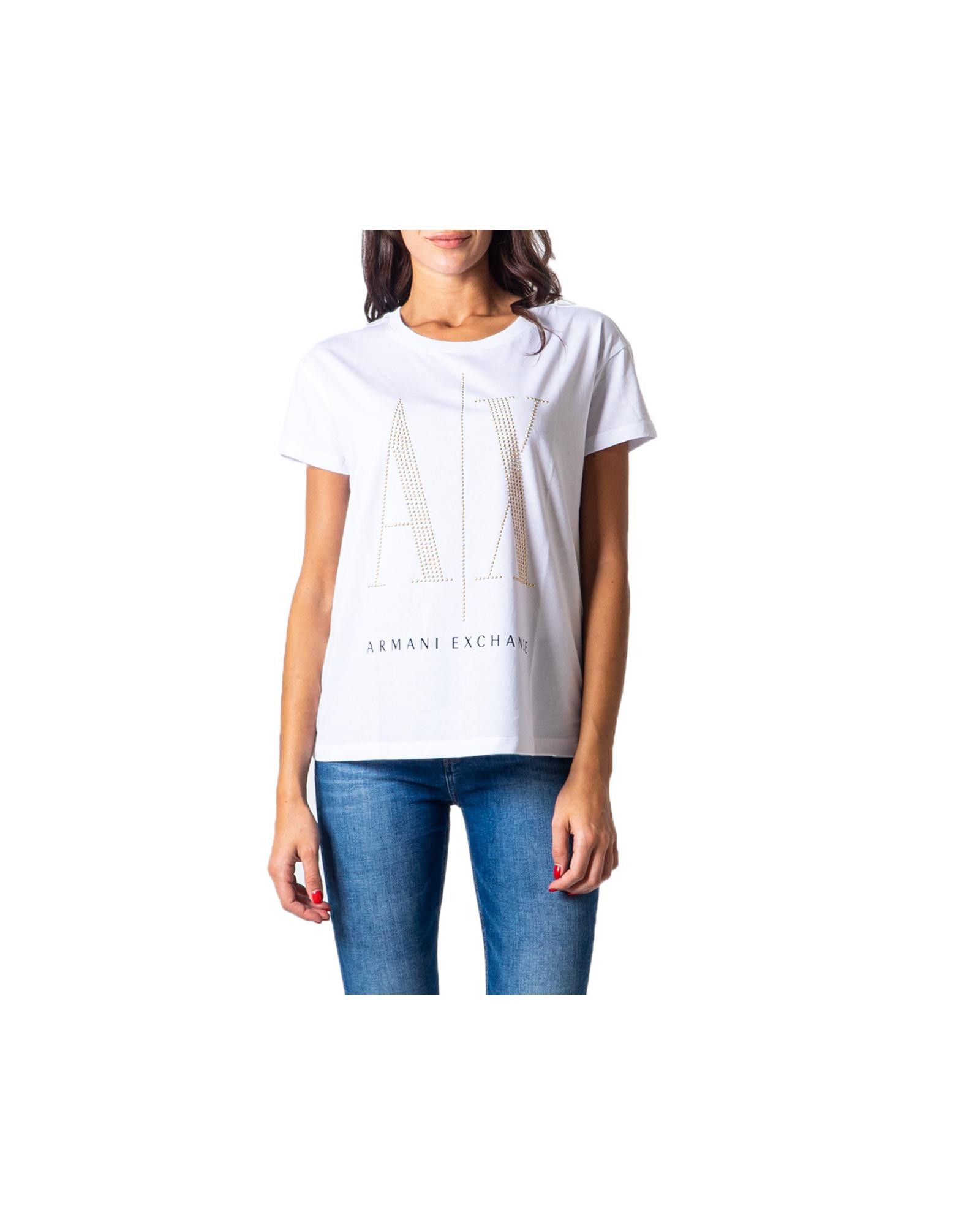 image of Armani Exchange Printed Cotton Round Neck T-Shirt in White, Women's (Size XL)