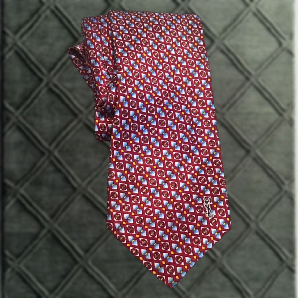Yves Saint Laurent VINTAGE Yves Saint Laurent Silk Red Blue Gold Geometric Neck Tie Men Tie Red Geometric Gold Silk Saint Laurent Mens Size ONE SIZE - 1 Thumbnail