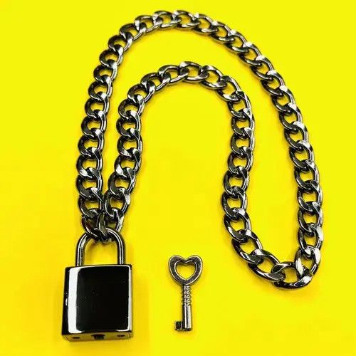 Jewelry Handmade Chunky Gunmetal Color Padlock Necklace Cuban Chain Size ONE SIZE - 1 Thumbnail