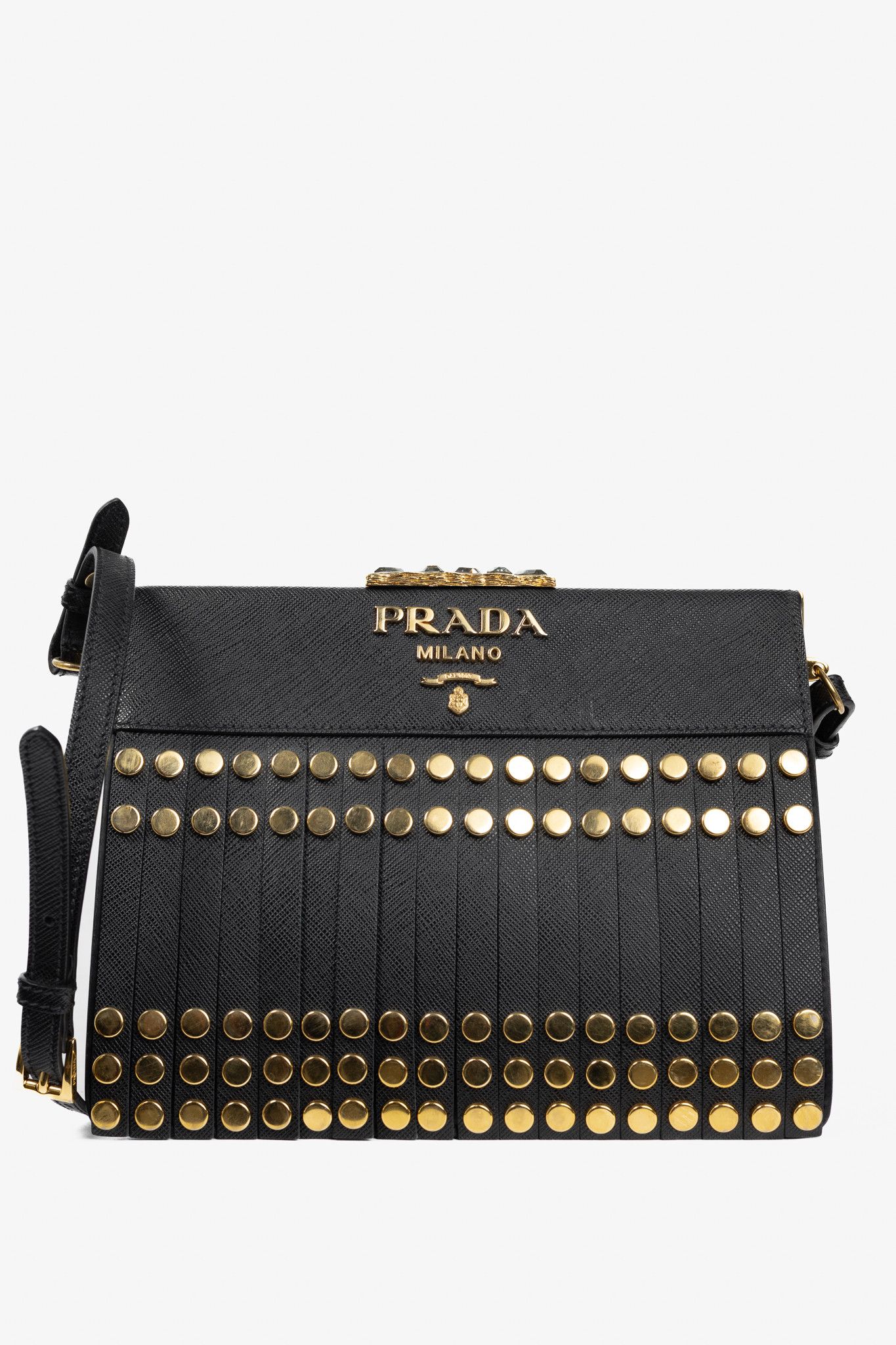 Prada Prada Saffiano Leather Studded Fringe Frame Shoulder Bag Size ONE SIZE - 1 Thumbnail