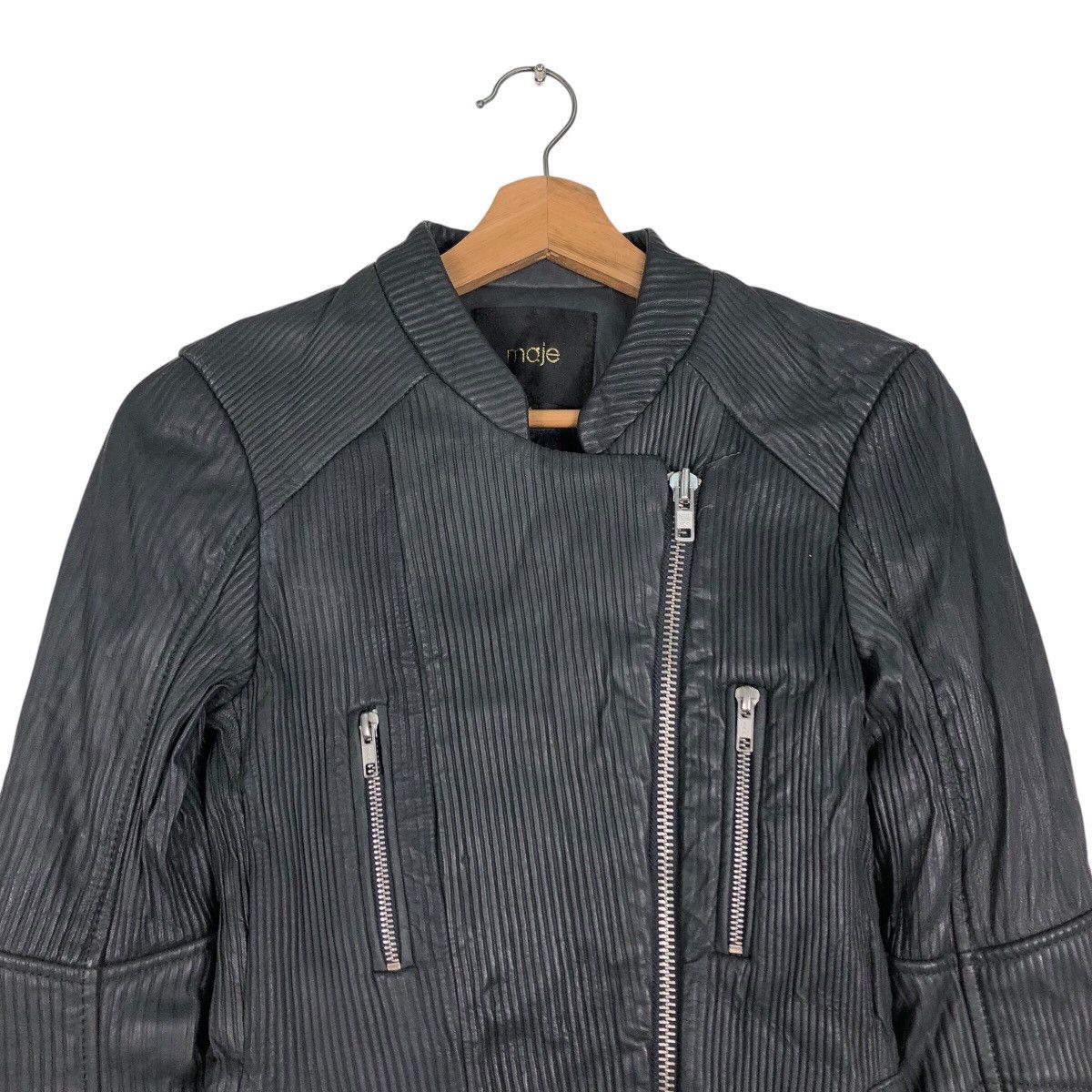 Japanese Brand 📌Cropped Biker Leather Jacket Pleated Maje Bondage Design Size XS / US 0-2 / IT 36-38 - 4 Thumbnail