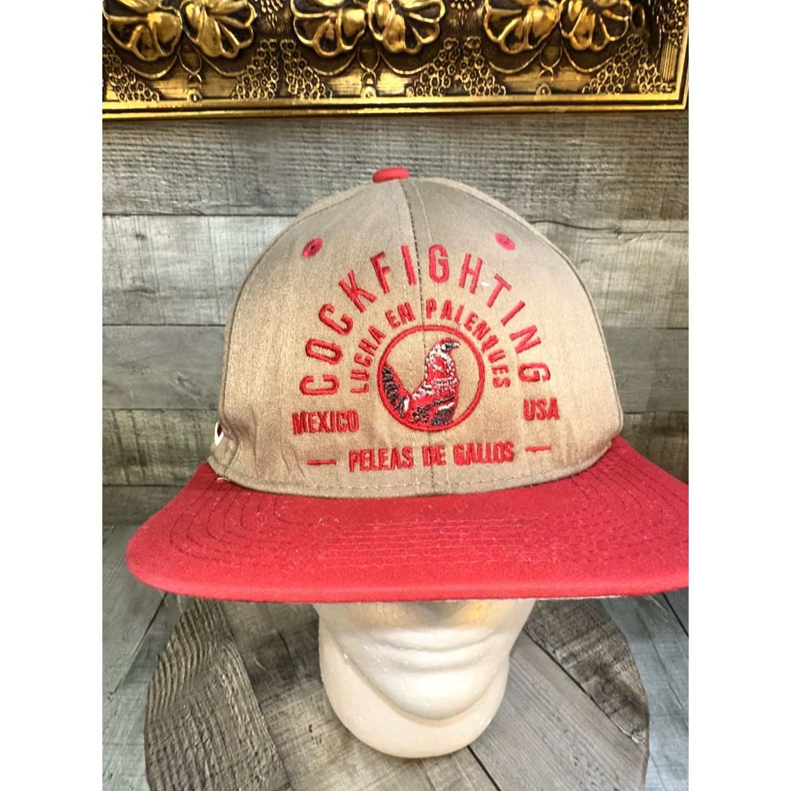 Vintage Unbranded Cockfighting Mexico USA Snapback Hat Cap Beige Beige Tan crown / red brim Men One Size Adjustable snapback Size ONE SIZE - 2 Thumbnail