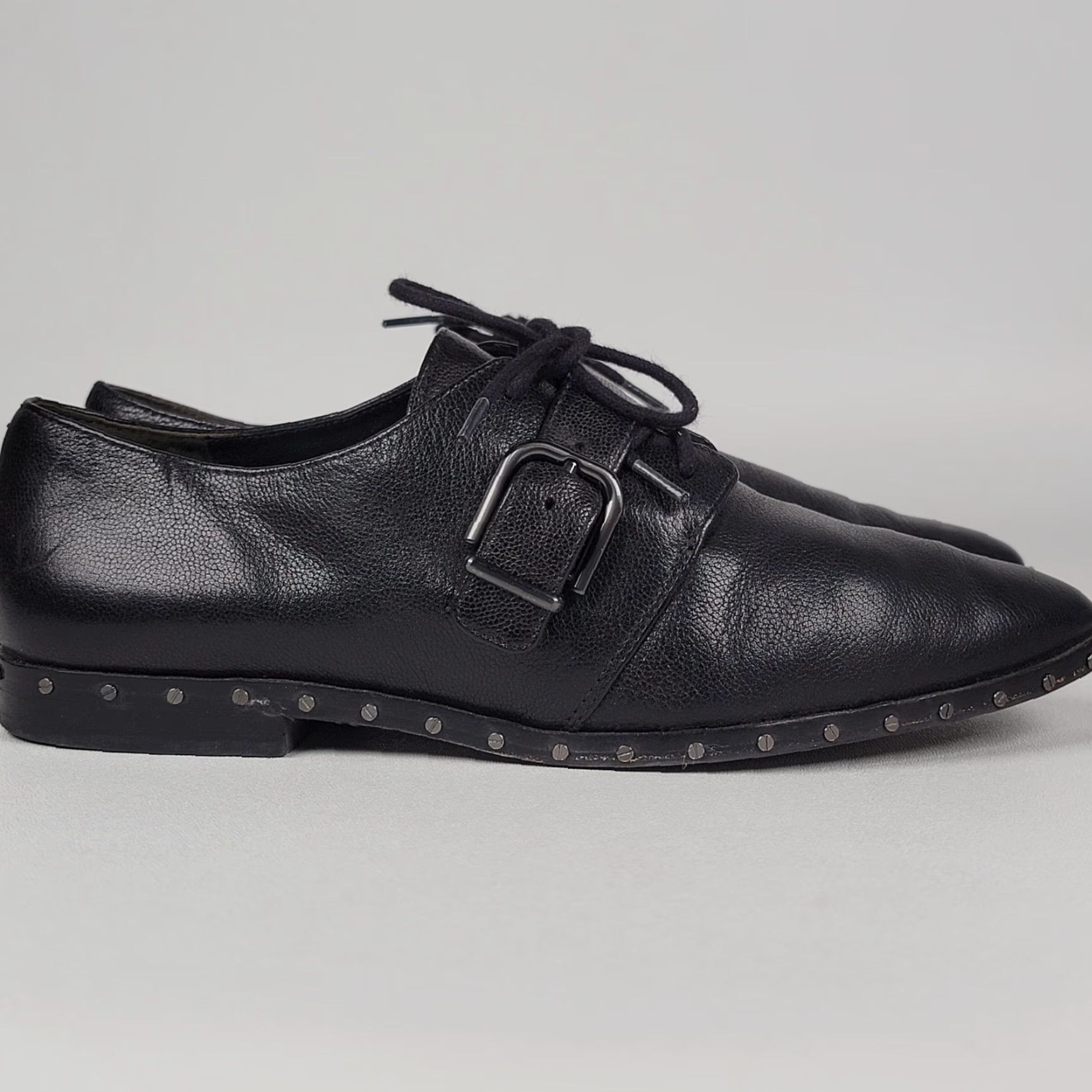 Vintage Via Spiga Buckle Pointed Stud Lace up Ladonna Loafers Black Women's US 7M Size US 7 / IT 37 - 2 Thumbnail