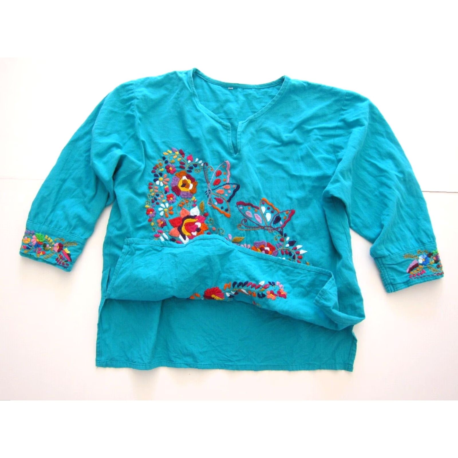 Altea Vintage Unbranded Blouse 100% Cotton Teal Pink Orange Embroidered Butterfly Floral Hippy L Women 3/4 Sleeve V-Neck Tunic Size L / US 10 / IT 46 - 4 Thumbnail