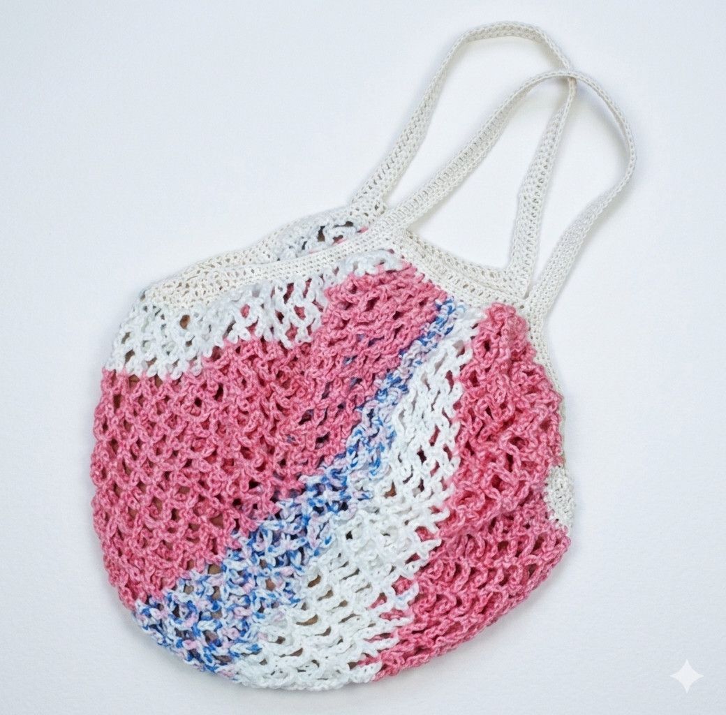 Handmade Farmers Market Bag Pink Handmade Crochet French Net Sack Size ONE SIZE - 1 Thumbnail