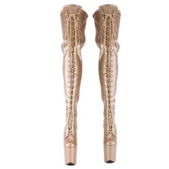 3020 Gold Glitter Patent 3020 Lace Up Thigh High Platform Bo