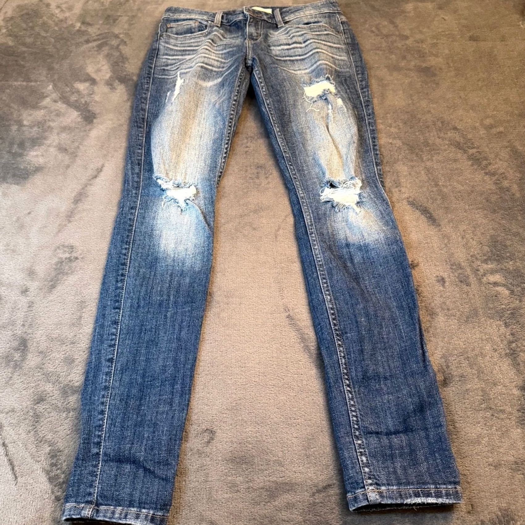 Vintage Eunina Maxwell Jeans Juniors Size 5 Blue Distressed Skinny Low Rise Stretch Denim 5-Pocket Jeans Womens Size 27" / US 4 / IT 40 - 2 Thumbnail