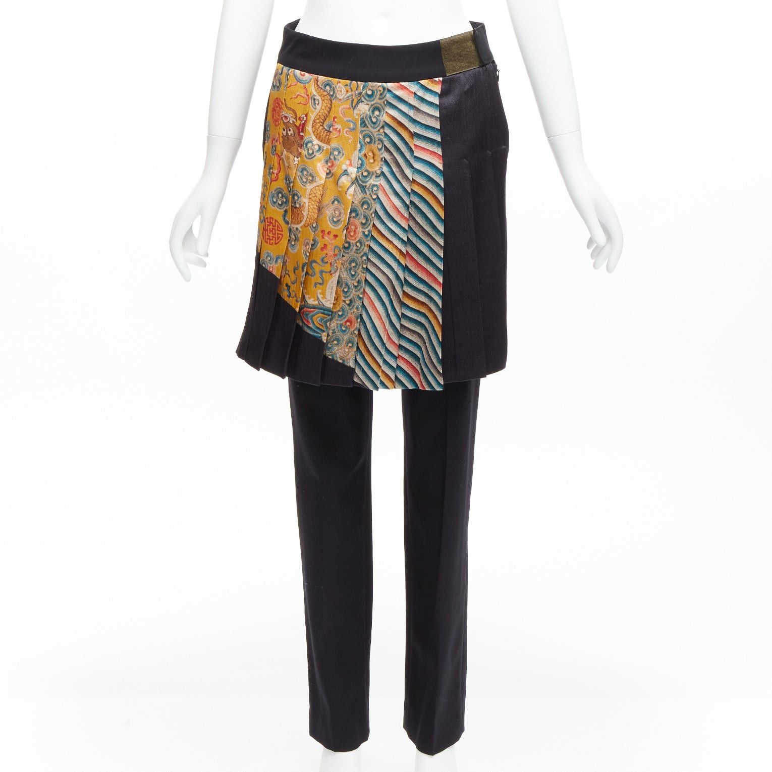 Dries Van Noten new DRIES VAN NOTEN 2012 Runway Yellow chinese dragon print pleated kilt layered trousers FR36 S Size 27" / US 4 / IT 40 - 1 Thumbnail