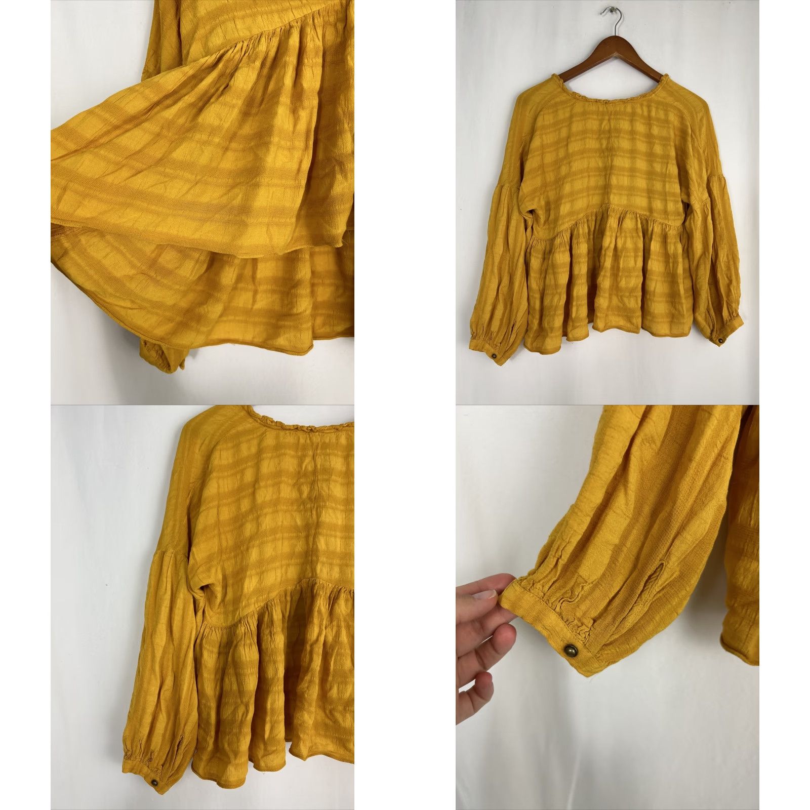 Lucky Brand LUCKY BRAND Blouse Shirt Women Adult Small Mustard V-neck Long Sleeve Romantic Ruffle Peasant Bohemian Oversized Breathable Viscose Pattern: Solid Size S / US 4 / IT 40 - 8 Thumbnail
