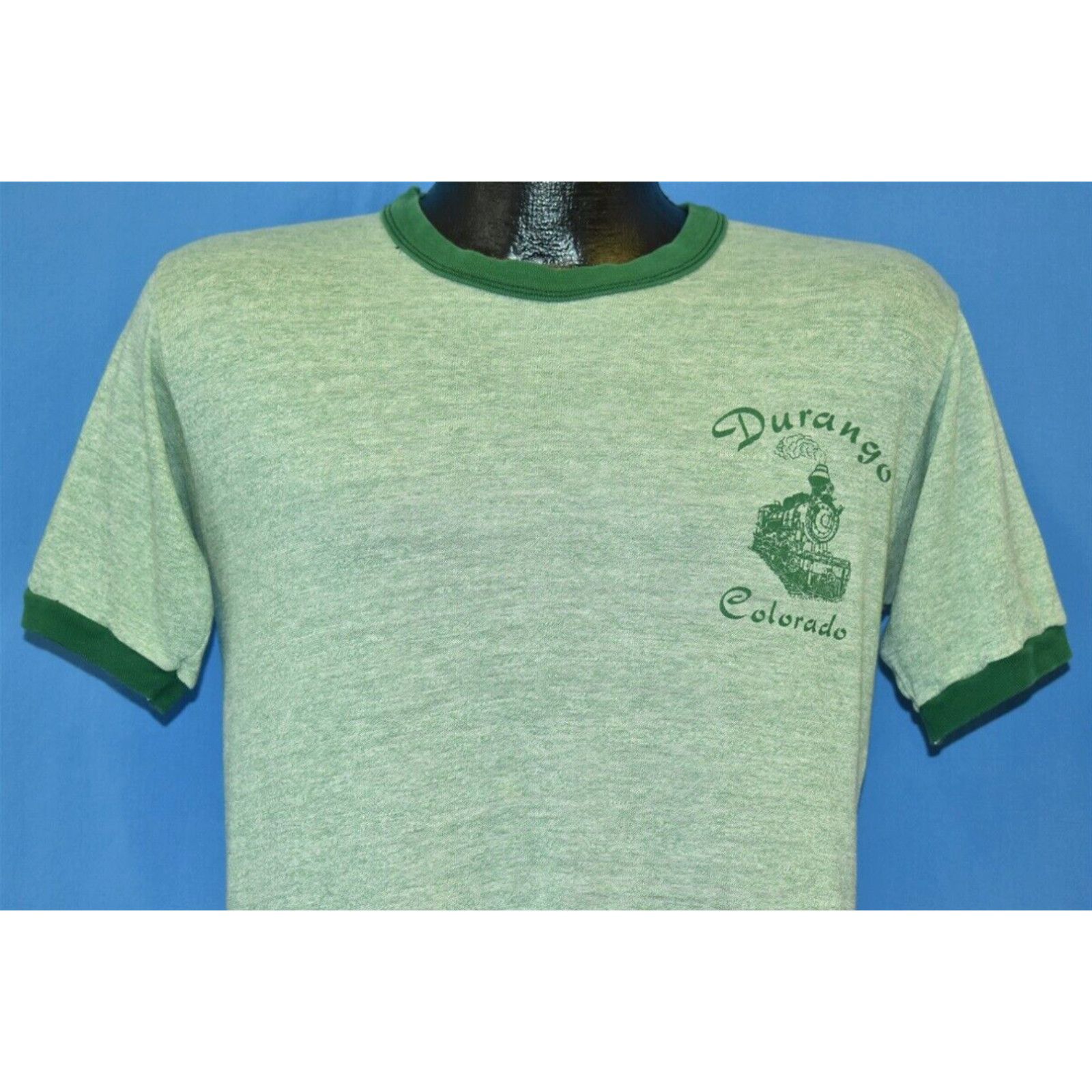 image of VTG 80's Durango Colorado Train Steam Locomotive Ringer Heathered Green T-Shirt M in White (Size Me