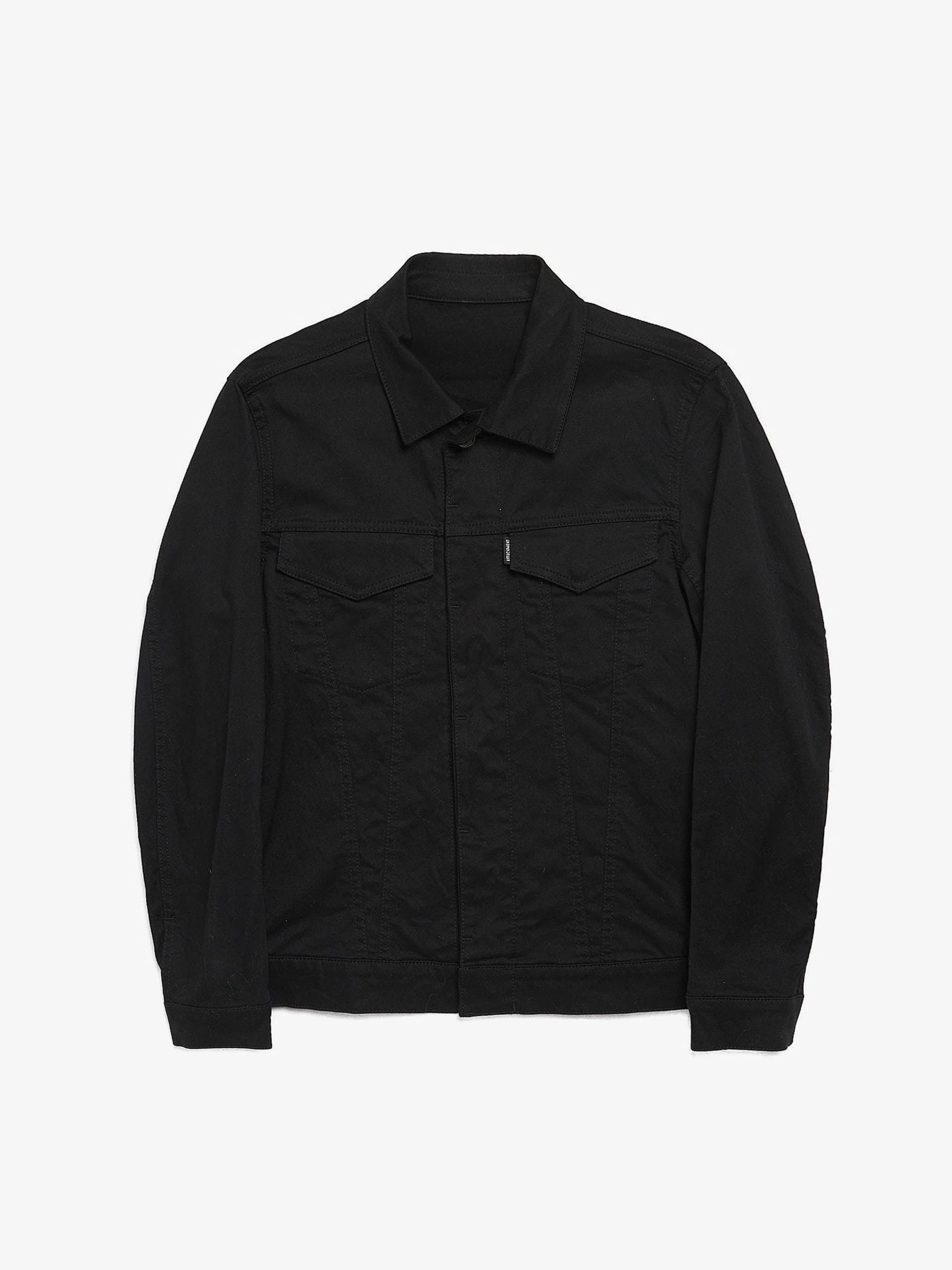 Black Denim Pockets Detailed Cotton Jacket