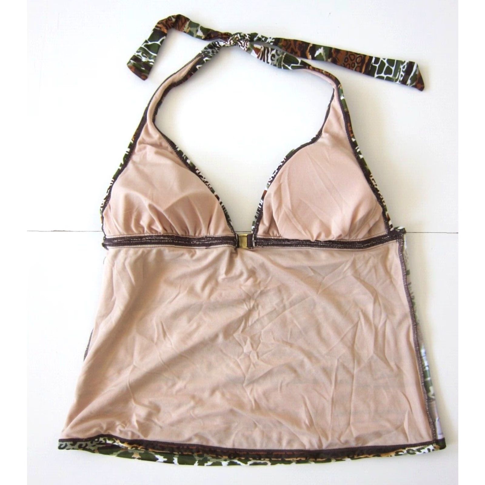 Vintage Jaclyn Smith Green Brown Animal Print Built In Bra Halter Tankini Swim Top 16 Size XXL / US 16-18 / IT 52-54 - 5 Thumbnail