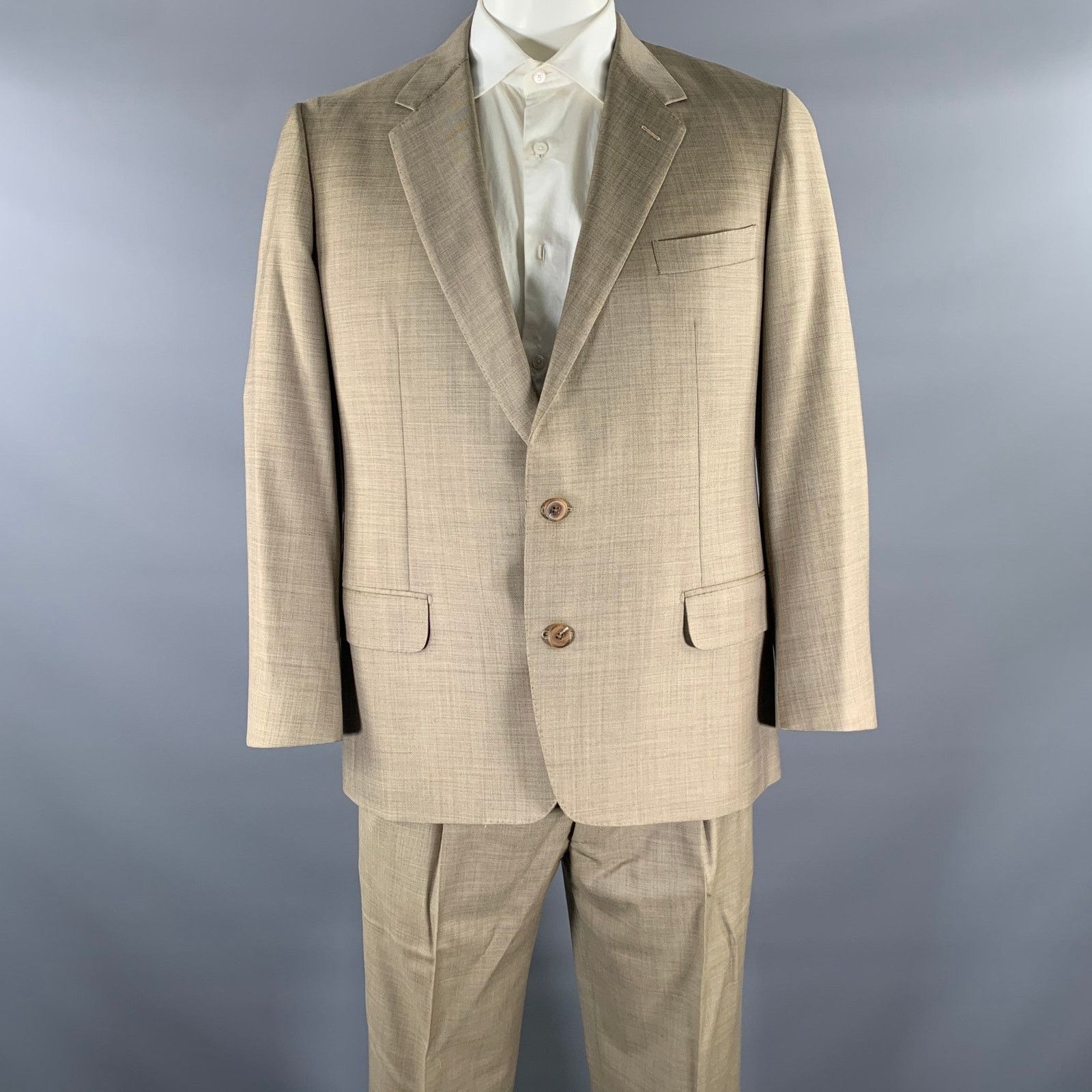 Belvest BELVEST Size 44 Khaki Brown Woven Wool Notch Lapel Suit Size 44R - 1 Thumbnail