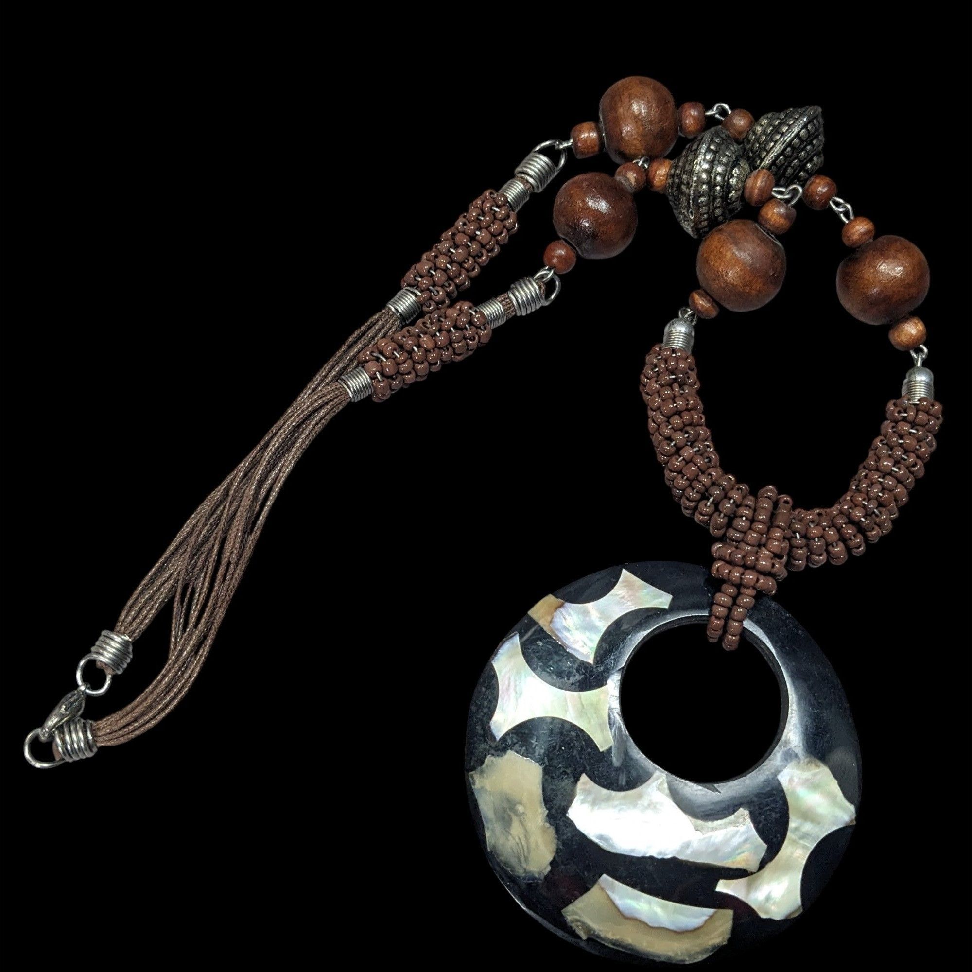 Other Vintage Bohemian Wood And Metal Necklace With Shell Inlay Pe Size ONE SIZE - 1 Thumbnail