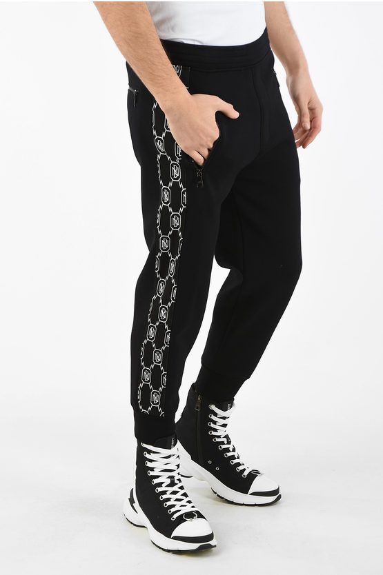 image of Neil Barrett Skinny Fit Monogram Stripe Joggers With Drawstring Closure in Black, Men's (Size 28)