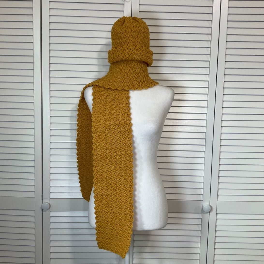 Handmade NWT Handmade Crocheted Mustard Textured Beanie Scarf 71” Size ONE SIZE - 1 Thumbnail