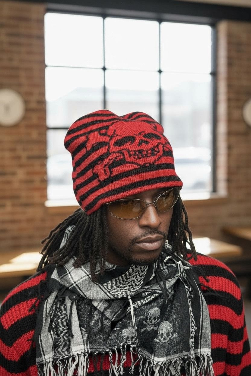 Punk and Yo ☠️ Vintage Skull Crossbones Punk Stripes Unbranded Beanie Size ONE SIZE - 2 Thumbnail