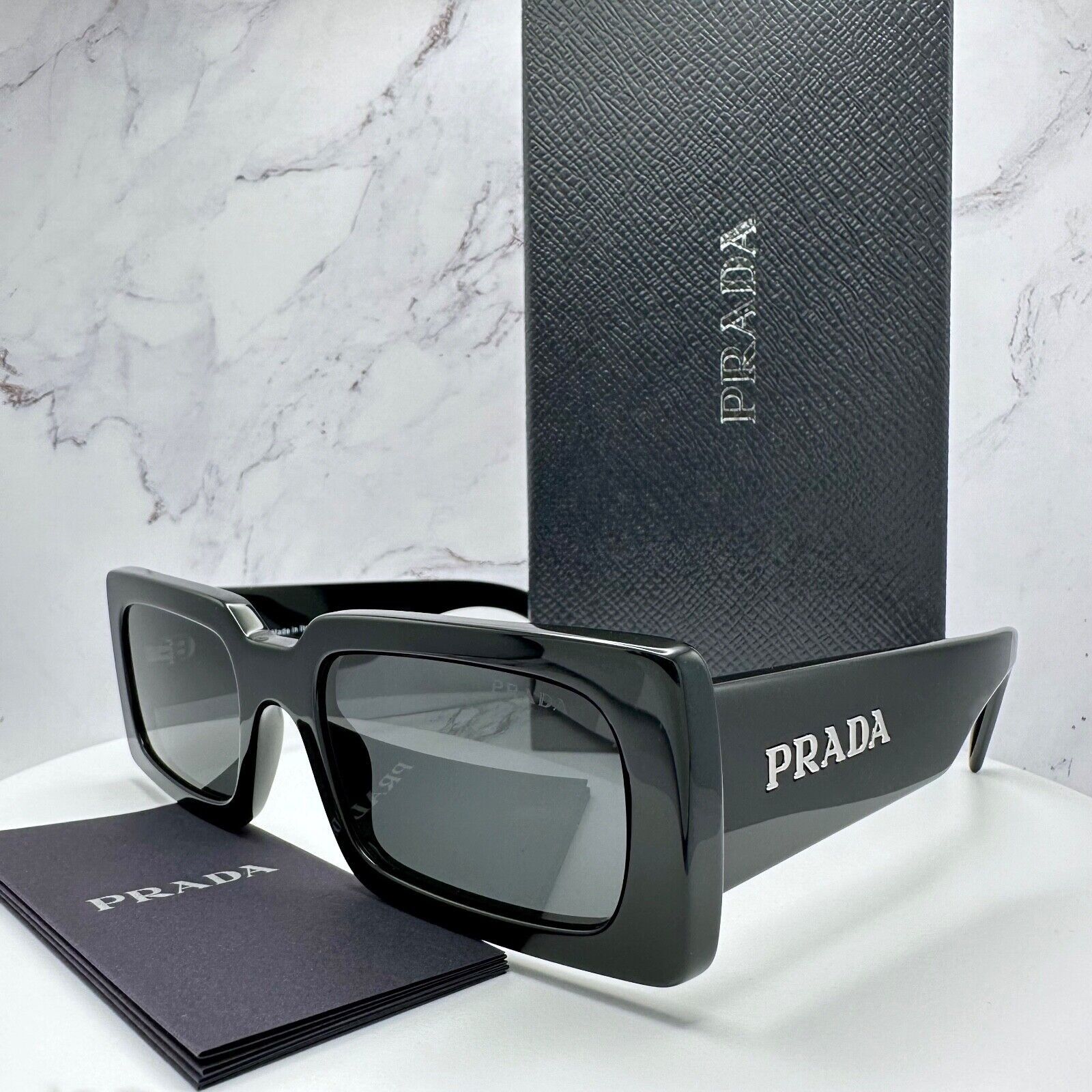 Prada New Prada Sunglasses Black Acetate Rectangle Square I Size ONE SIZE - 13 Thumbnail